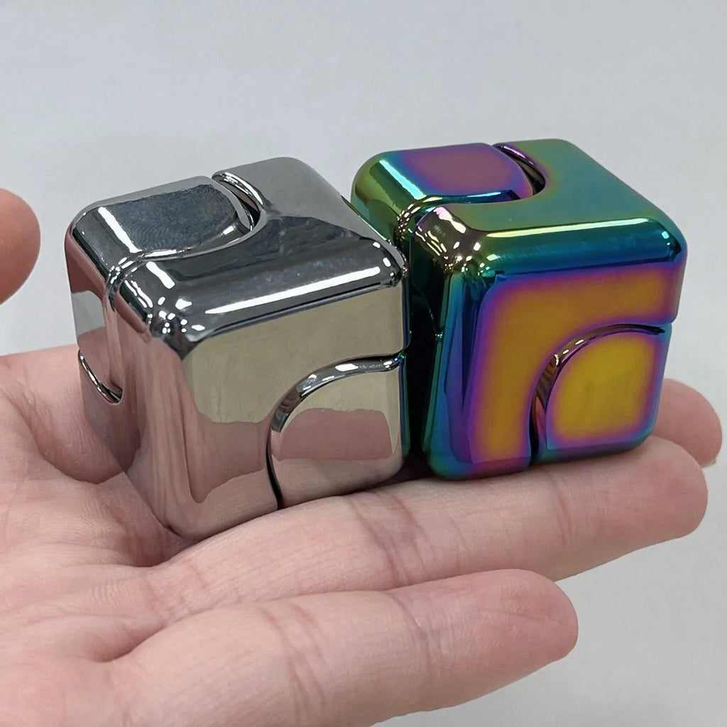 MataFlick Metal Fidget Cube — silver and iridescent color comparison