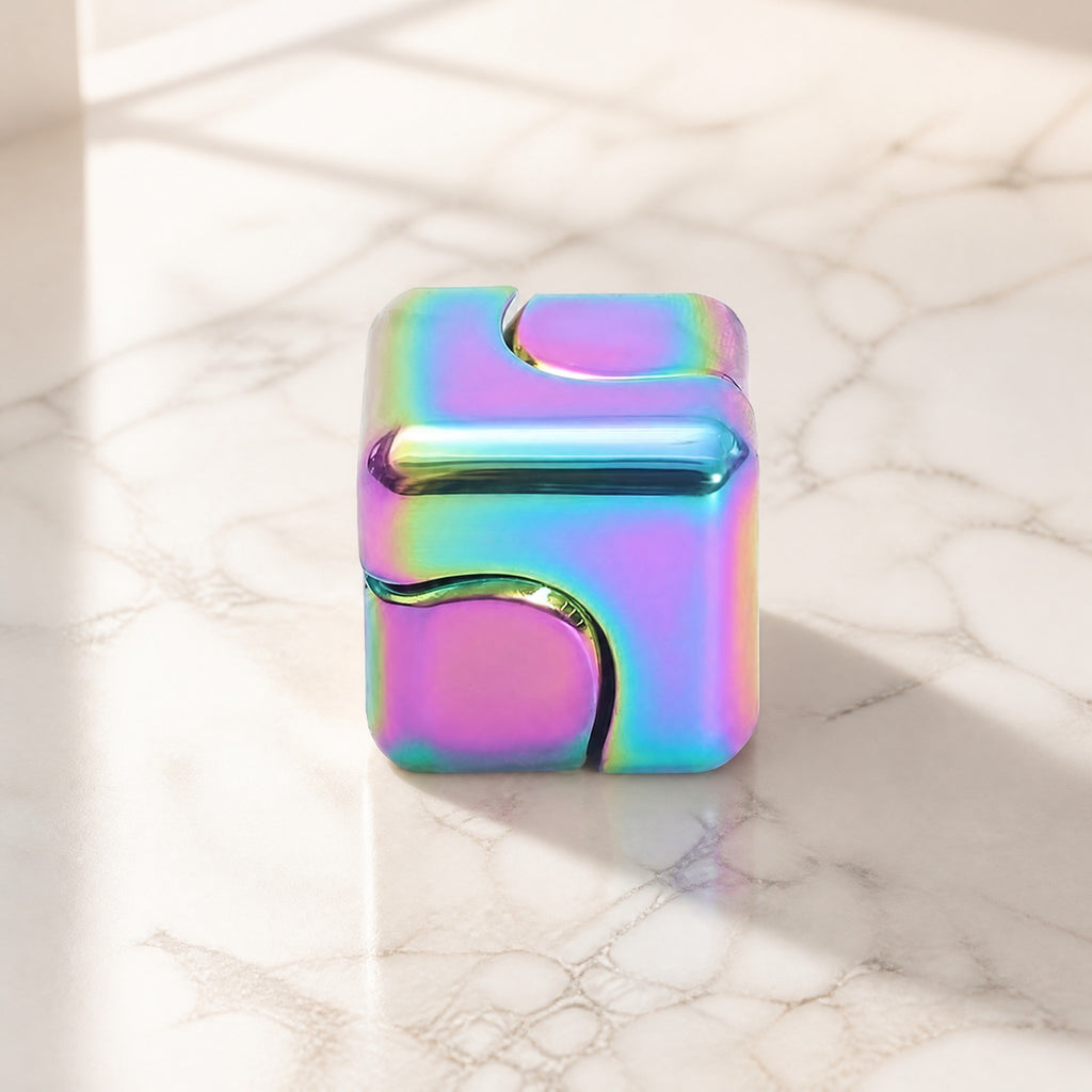 Metal fidget cube interlocking on marble surface